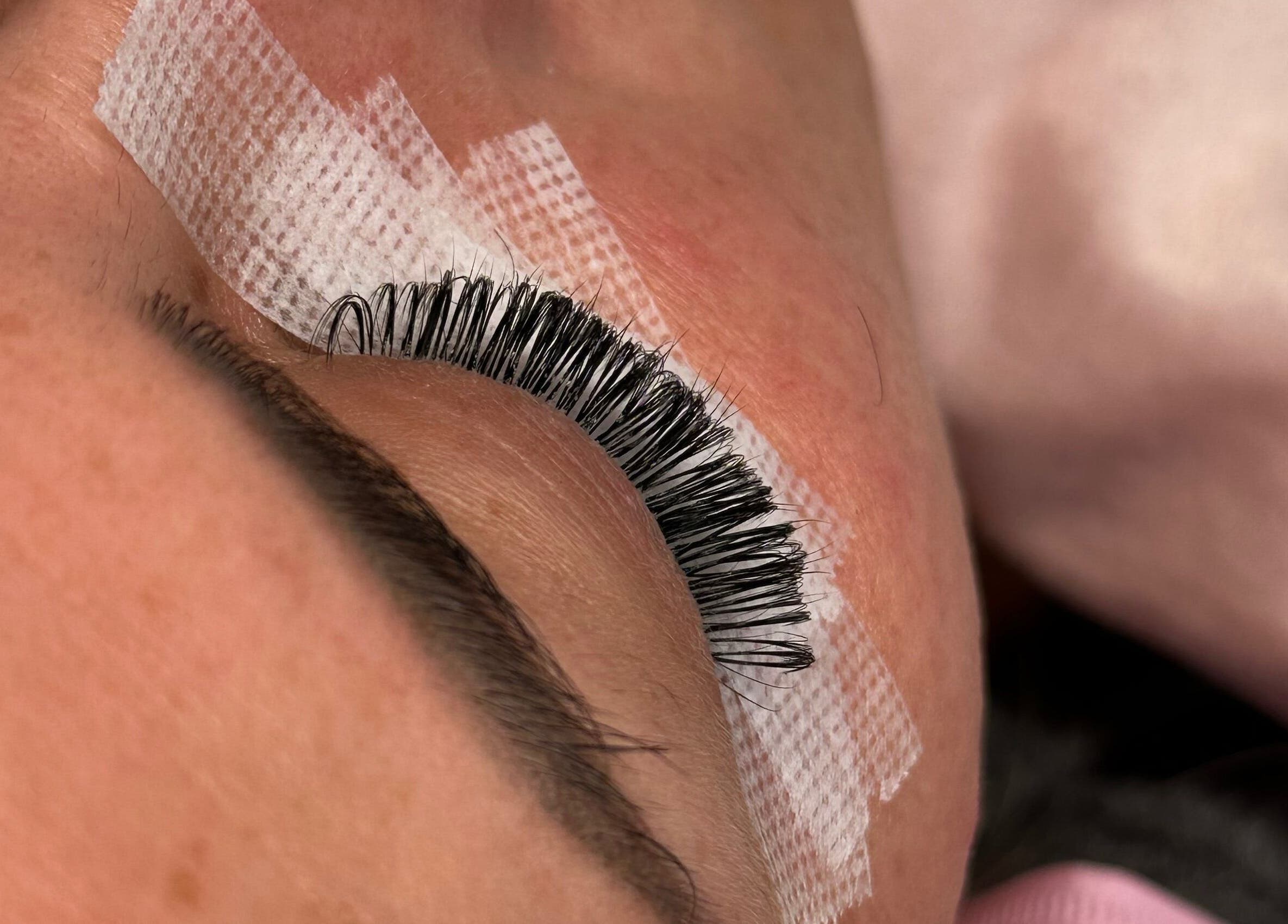 Close-up of eyelash extension at The Lash & Brow Room, Seaham, England, GB.