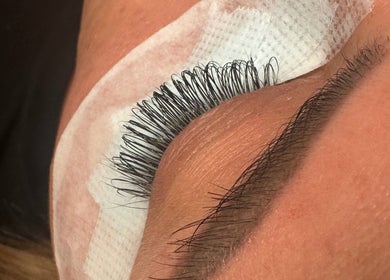 Close-up of expertly applied eyelash extensions at The Lash & Brow Room, Seaham, England, GB.