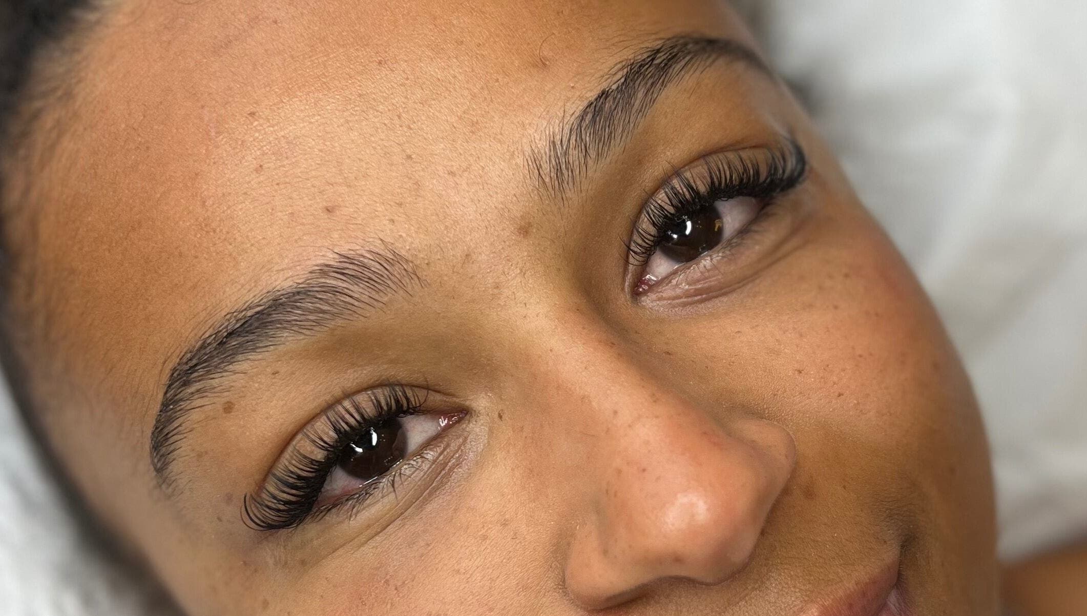 Close-up of lush eyelash extensions at Vienna Aesthetics in Reigate, England, GB.