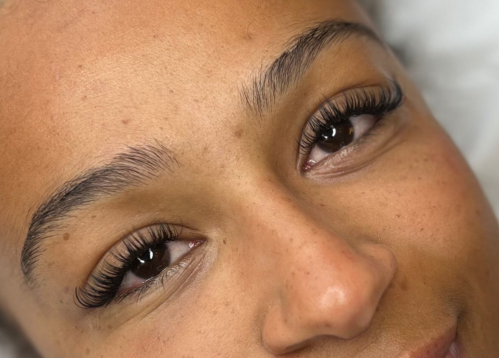 Close-up of lush eyelash extensions at Vienna Aesthetics in Reigate, England, GB.