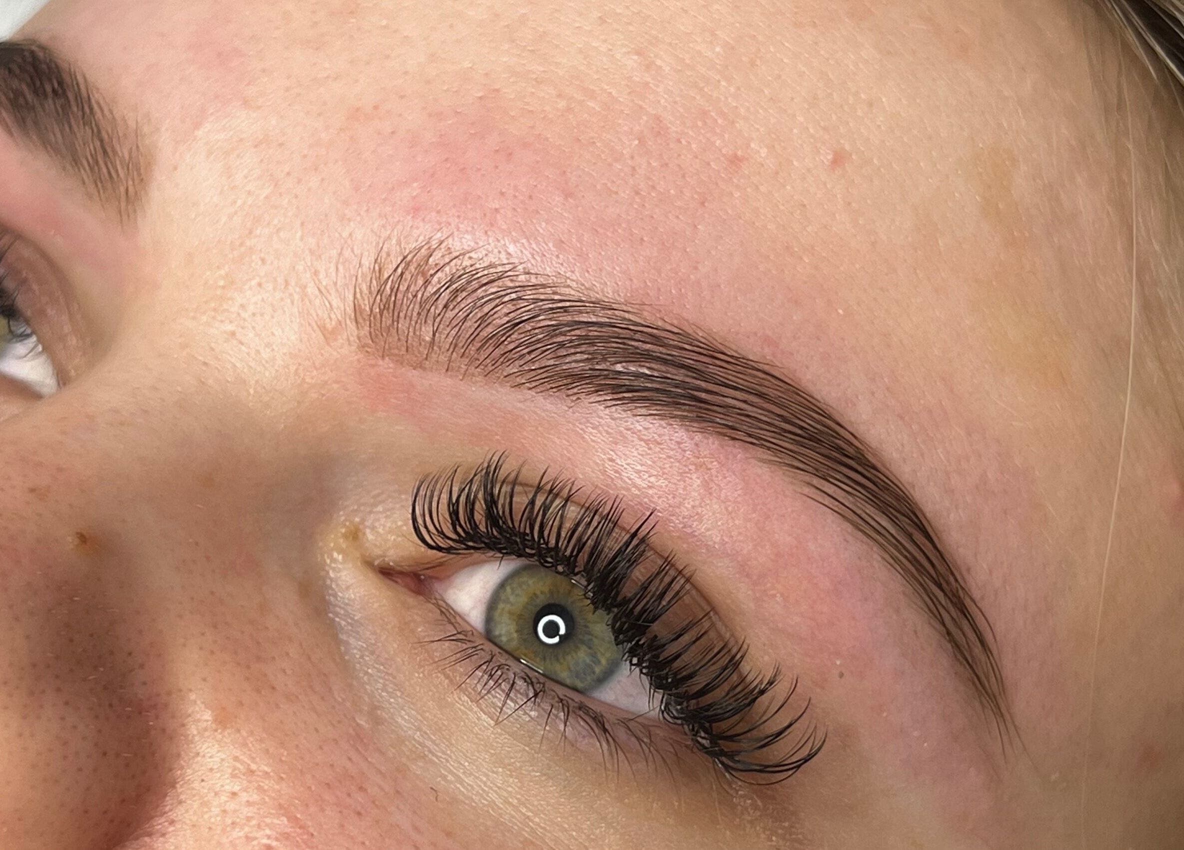 Close-up of expertly styled lashes and brows at Vienna Aesthetics, Reigate, England, GB.
