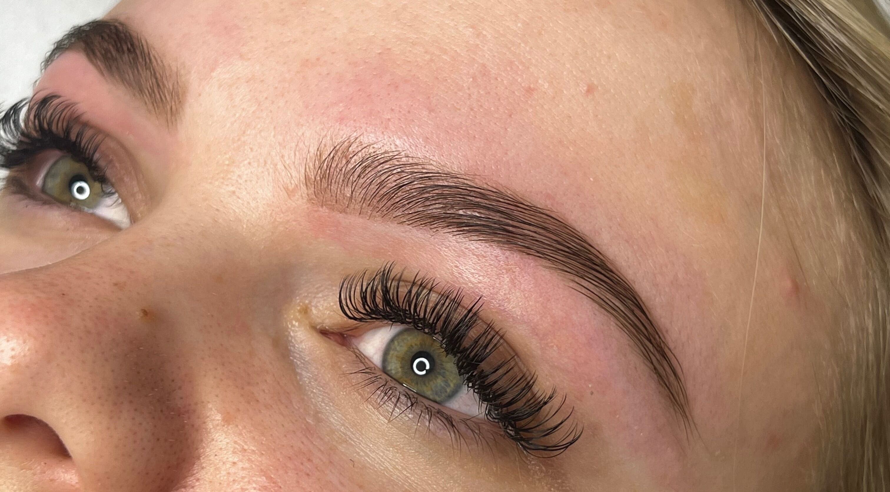 Close-up of expertly styled lashes and brows at Vienna Aesthetics, Reigate, England, GB.
