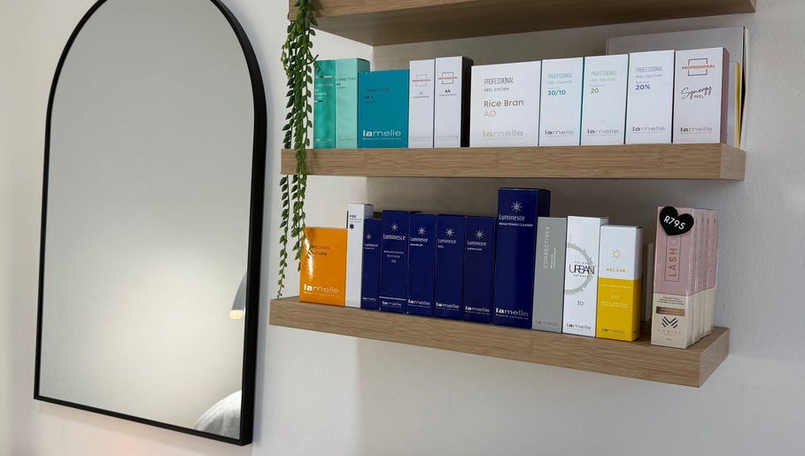 Display of skincare products at Studio XO La Lucia, Durban North, Kwazulu-natal, ZA, emphasizing elegance and style.