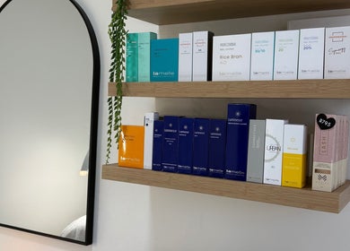 Display of skincare products at Studio XO La Lucia, Durban North, Kwazulu-natal, ZA, emphasizing elegance and style.