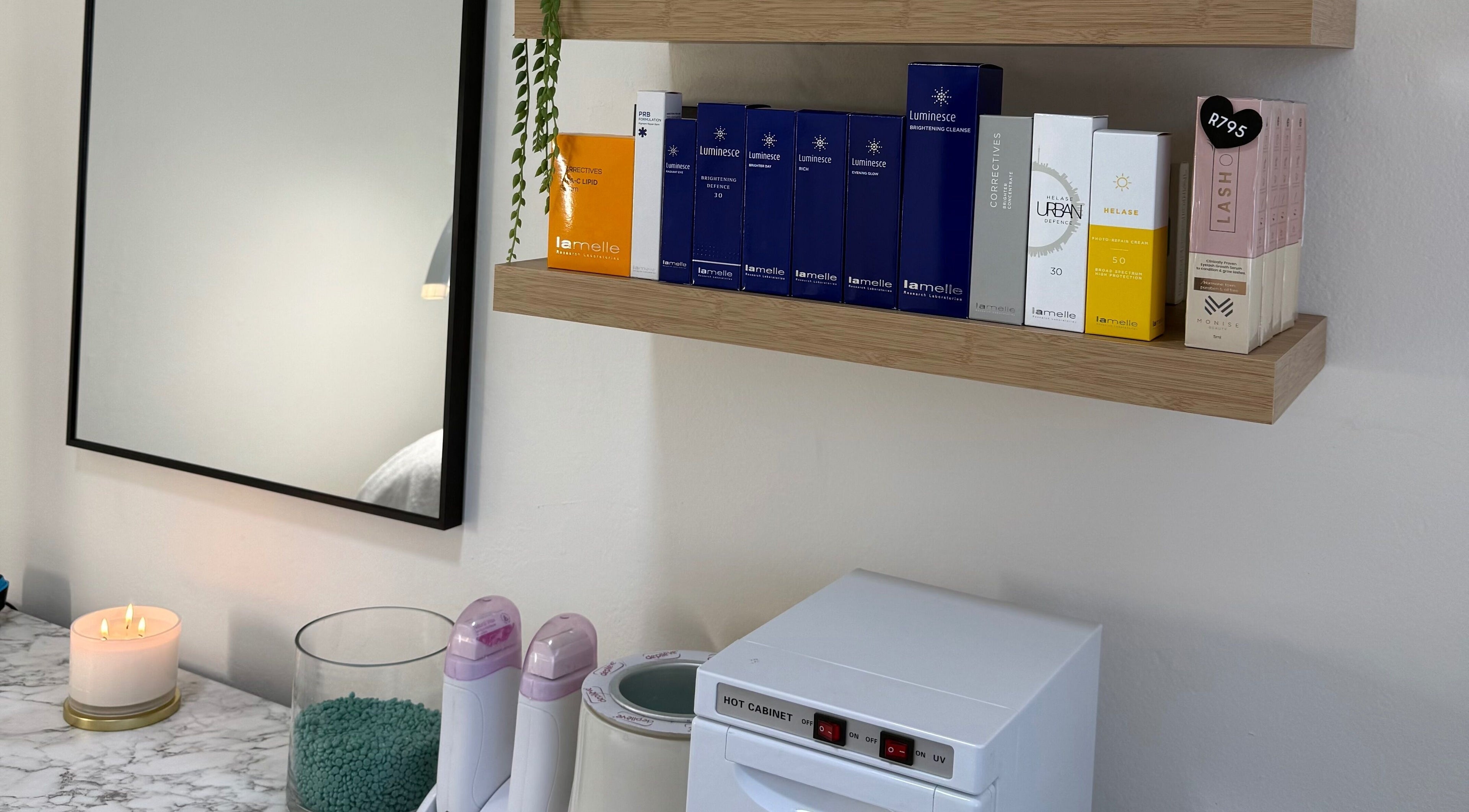 Beauty products on shelves at Studio XO La Lucia, Durban North, Kwazulu-natal, ZA, enhancing the spa's elegance.