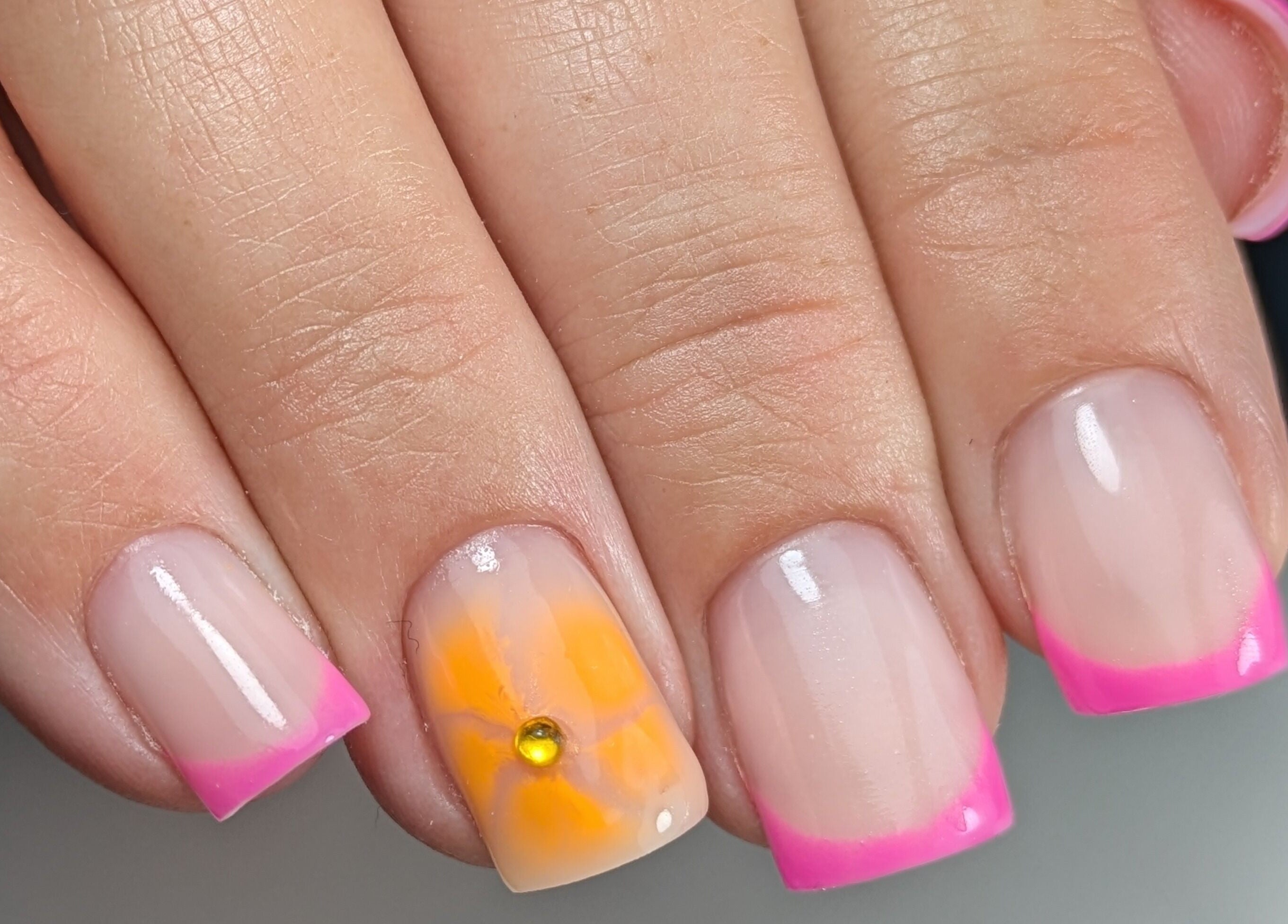 Elegant pink and orange floral nail art at AS Nail Studio Peterborough, Peterborough, England, GB.