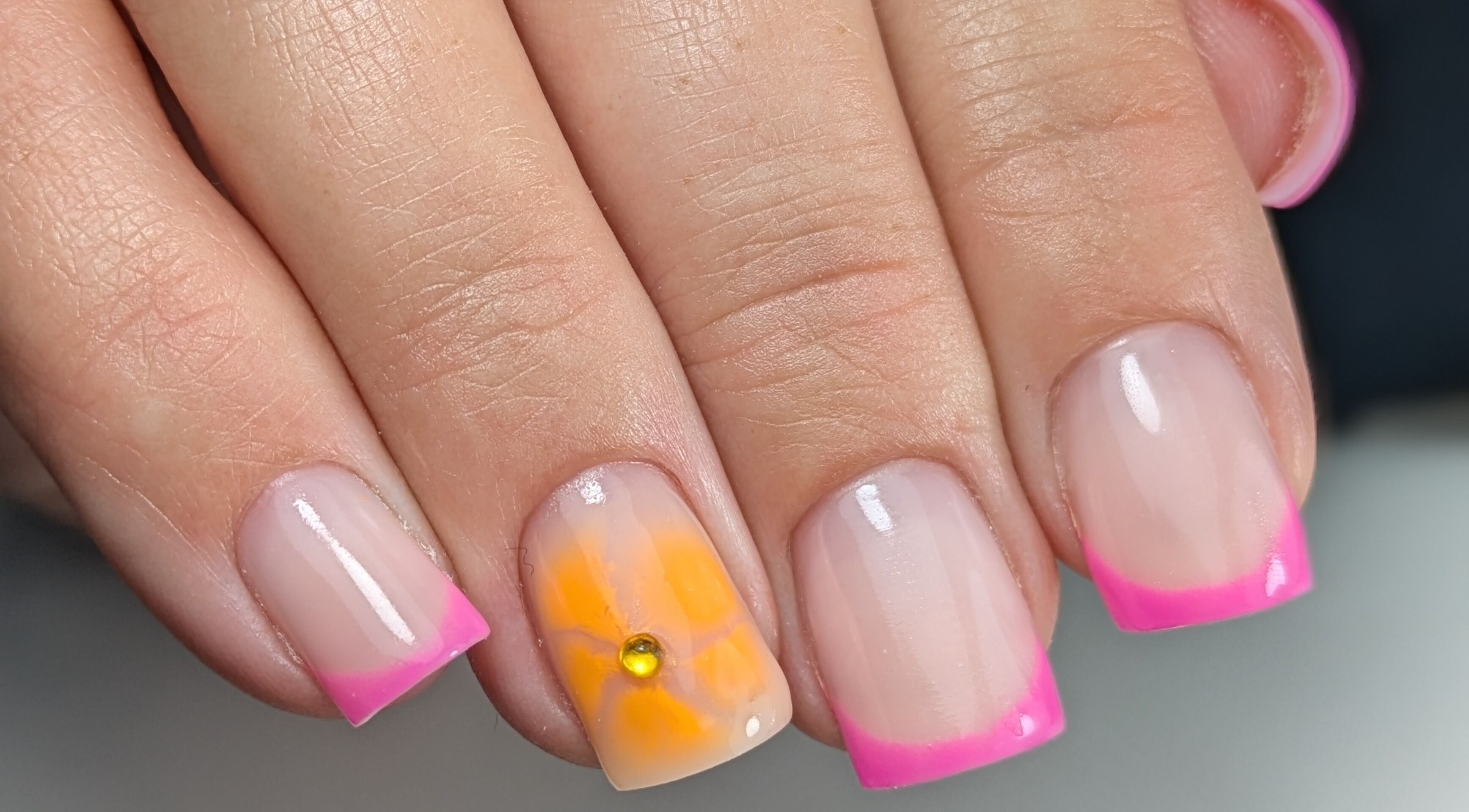 Elegant pink and orange floral nail art at AS Nail Studio Peterborough, Peterborough, England, GB.