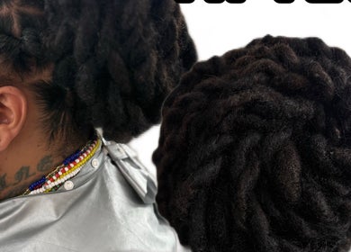 Dreadlock hairstyle at Platinum's Beauty Studio, Burlington, North Carolina, US.