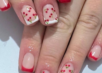 Cherry nail art manicure at Meraki Beaute MBS in Stoke-on-Trent, England, GB.