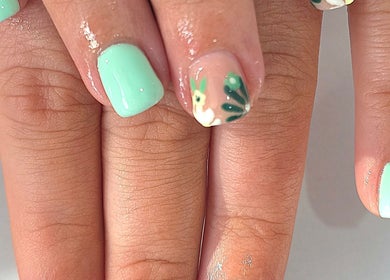 Elegant mint nail art design at Meraki Beaute MBS, Stoke-on-Trent, England, GB.