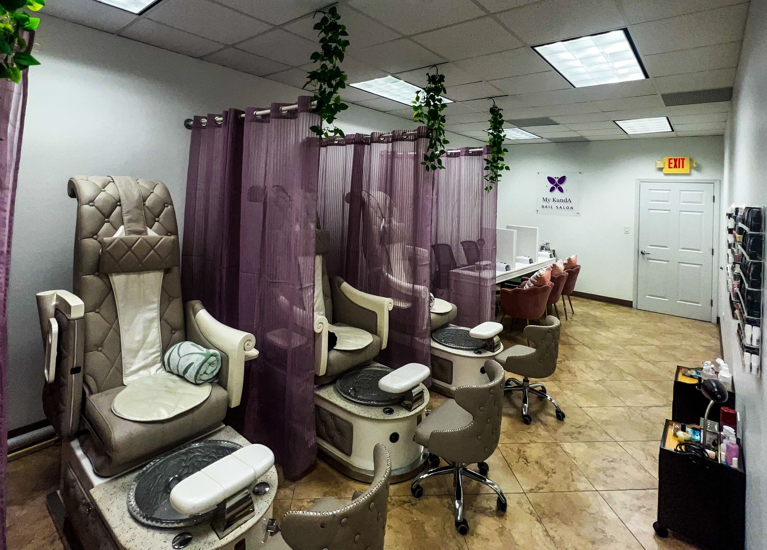 Elegant pedicure chairs at My KandA Nail Salon, Grand Cayman for a relaxing spa experience.