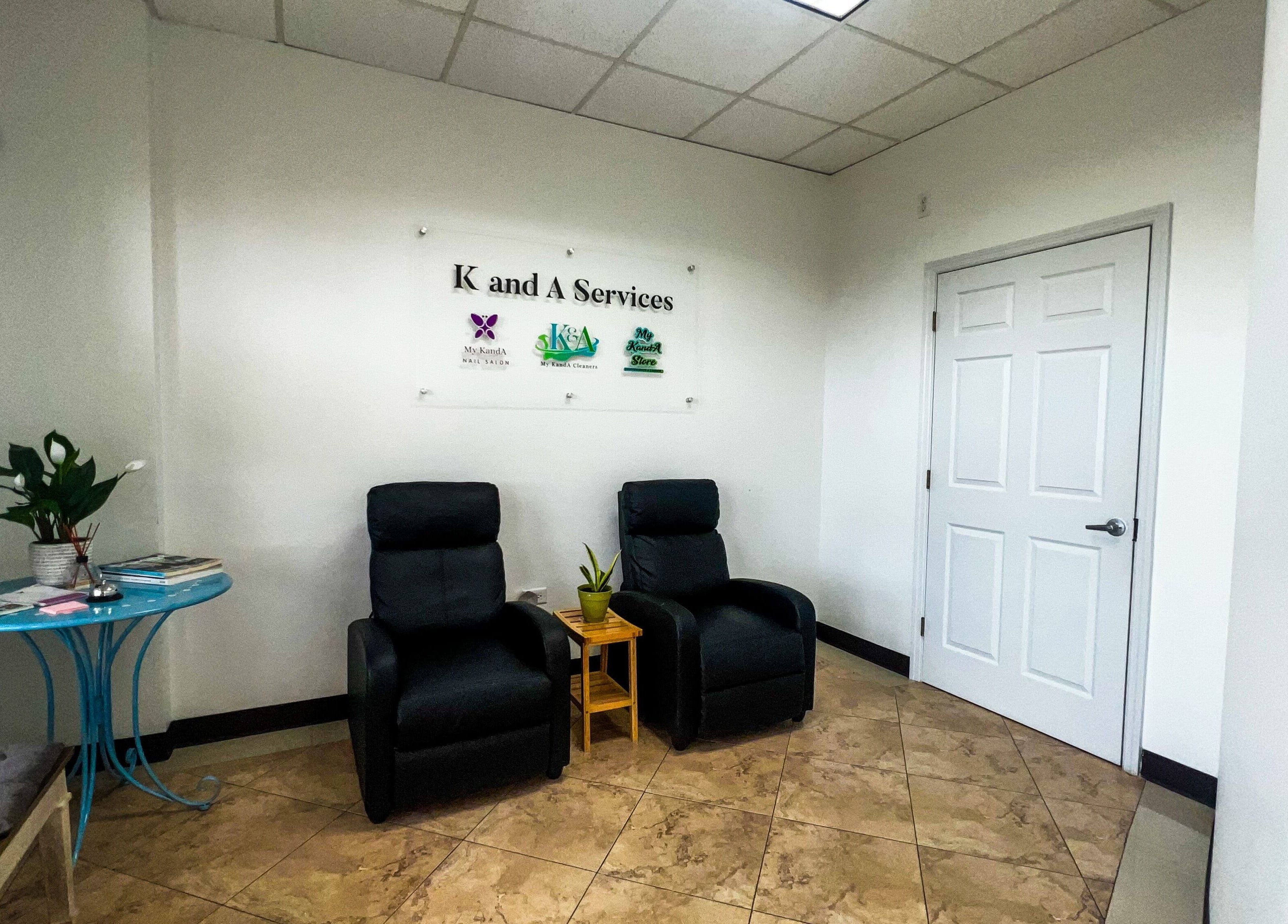 Inviting seating area at My KandA Nail Salon, Grand Cayman, KY, with plush chairs and a vibrant decor.