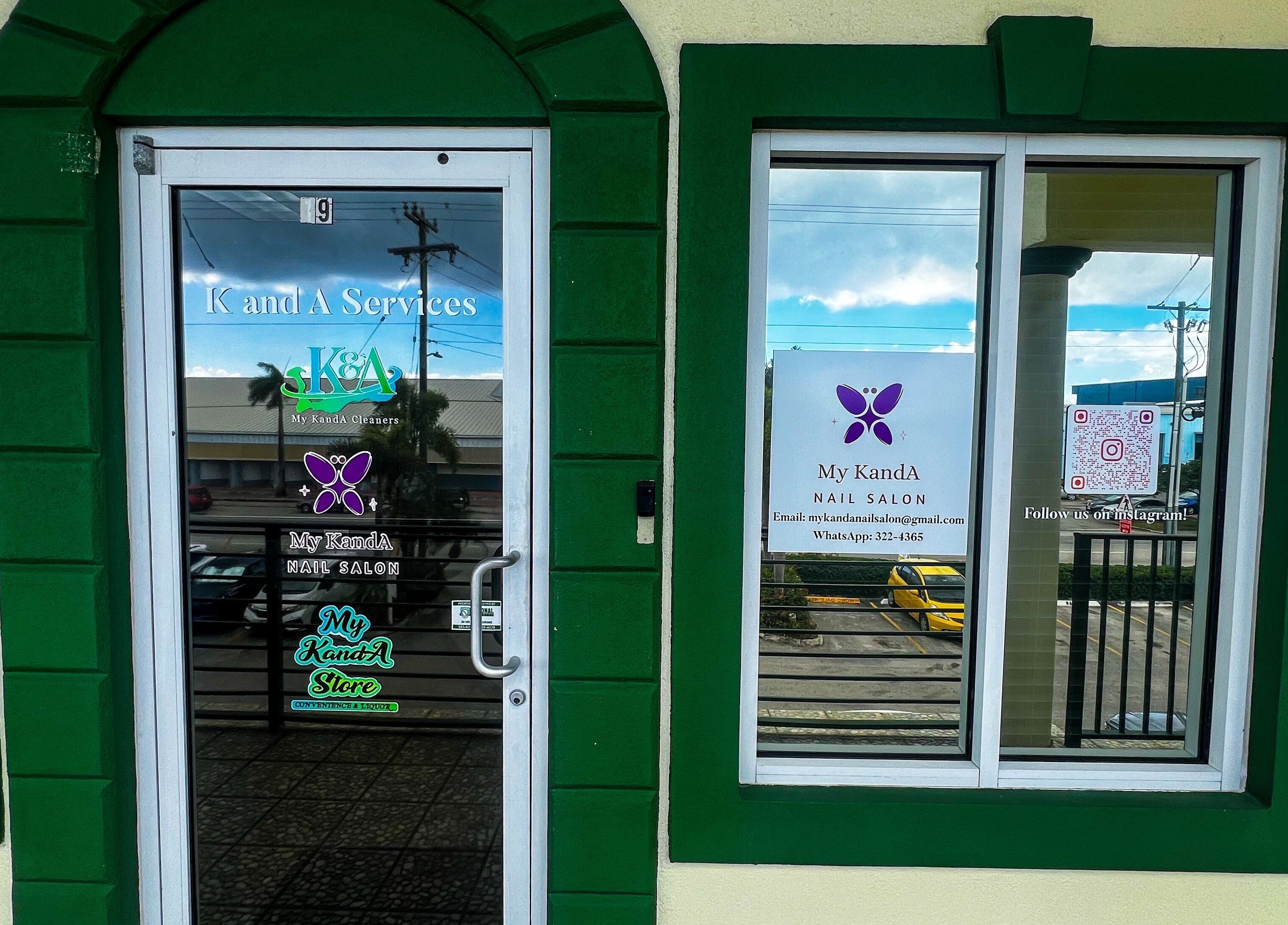 Entrance of My KandA Nail Salon in Grand Cayman, Grand Cayman, KY, showcasing stylish window displays.