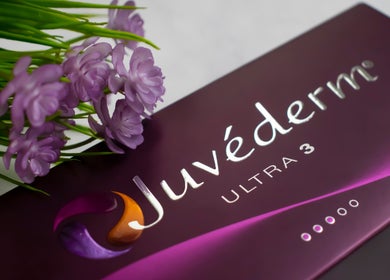 Juvederm box with purple flowers at Aesthetic Medical LTD, Trowbridge, England, GB.