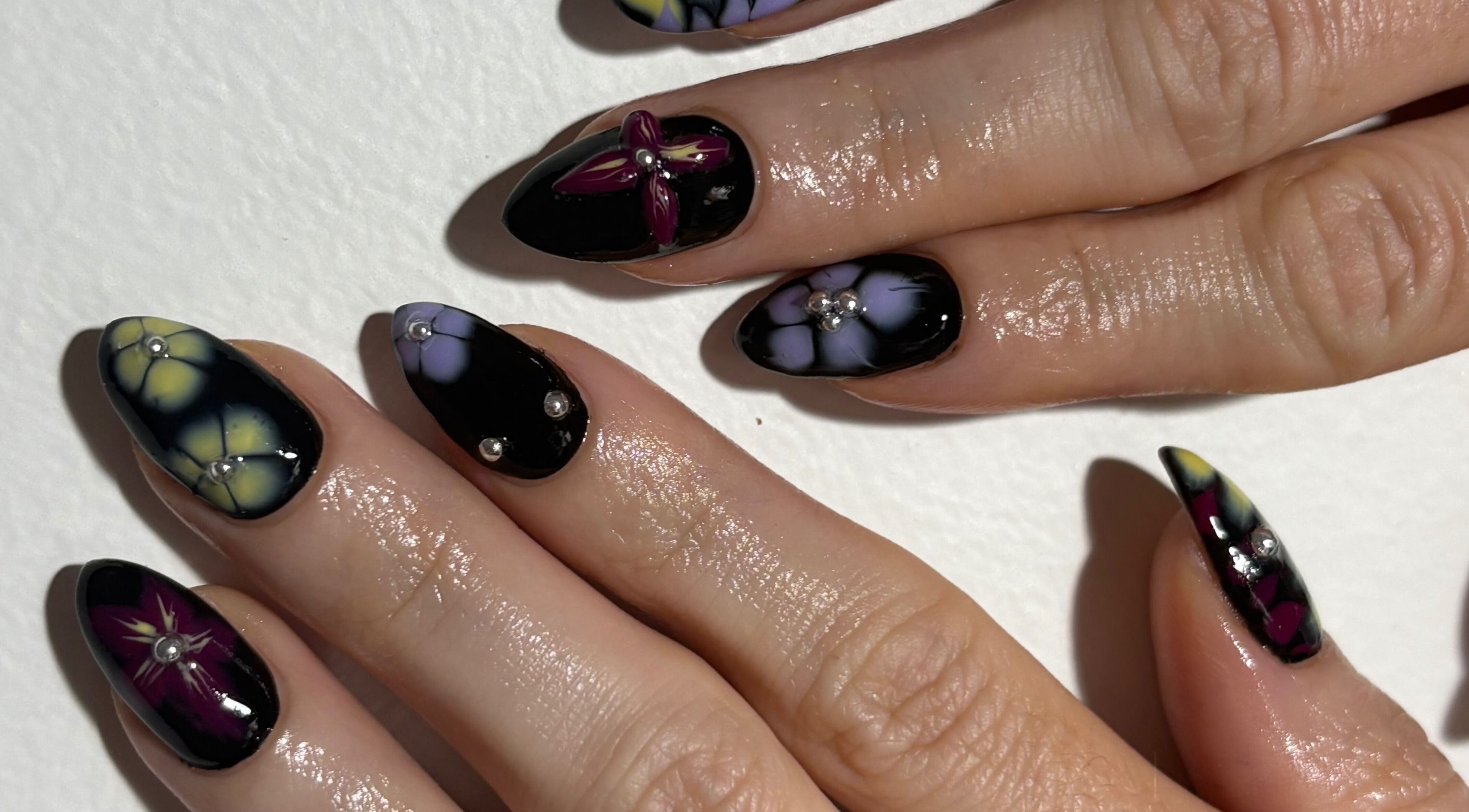 Intricate floral nail art at Gelalicious Nails, East Victoria Park, Western Australia, AU.