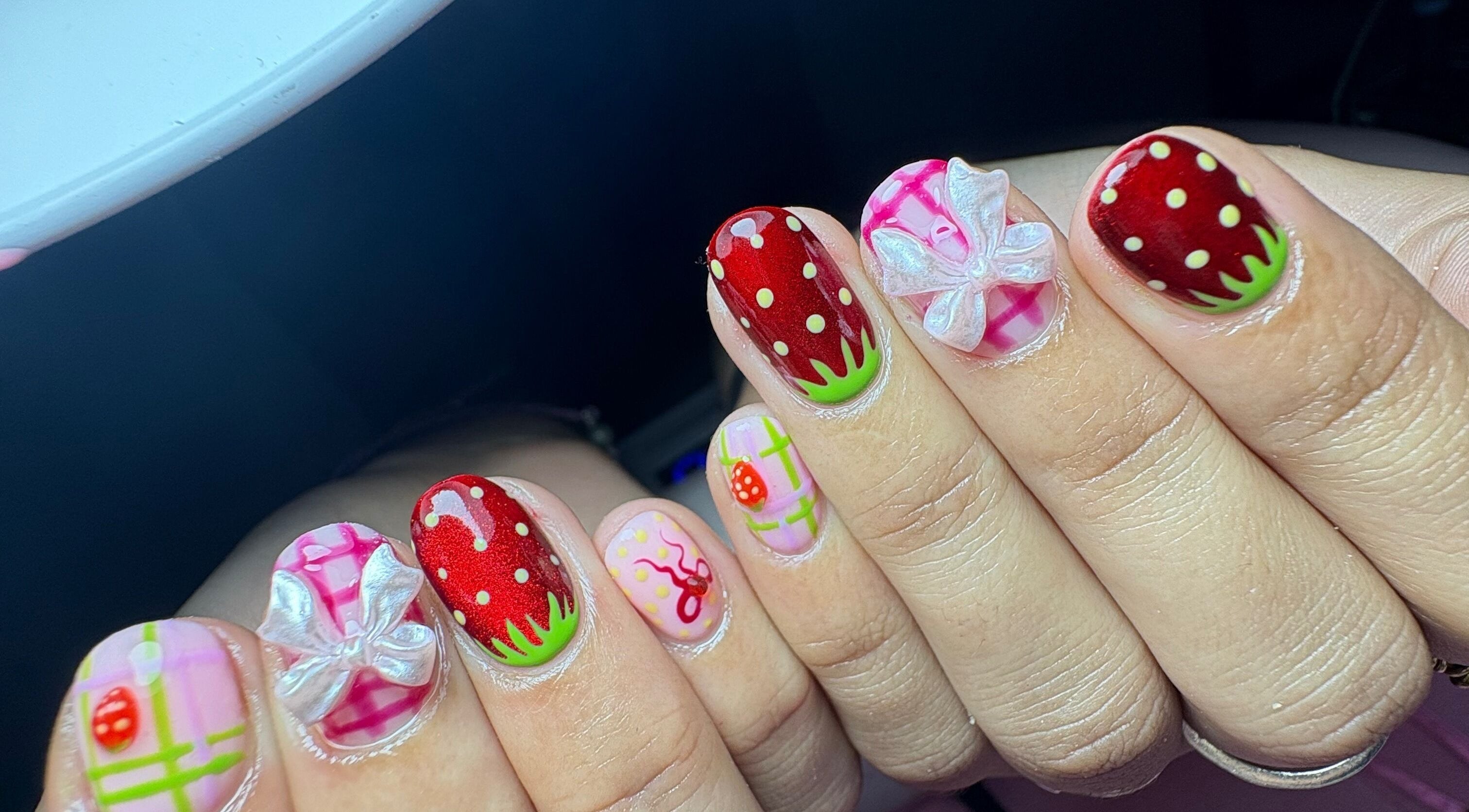 Colorful strawberry nail art by Gelalicious Nails at East Victoria Park, Western Australia, AU.
