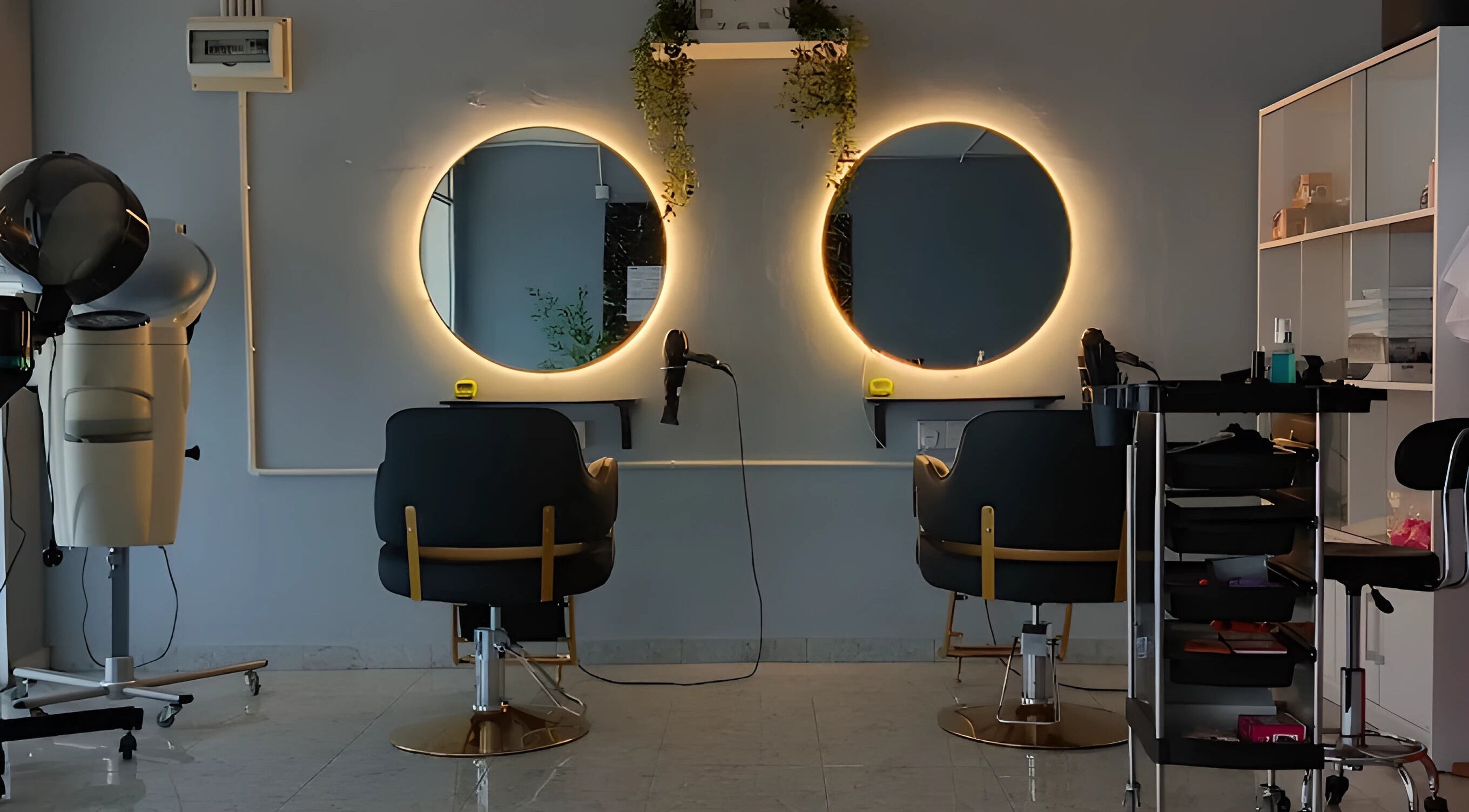 Modern salon interior with illuminated mirrors at Erma Hair Studio, Kangar, Perlis, MY.