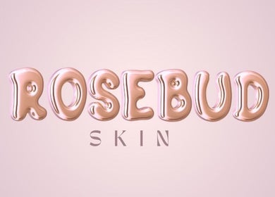 Rosebud Skin logo in glossy rose gold, Portsmouth, GB, reflecting beauty and elegance.
