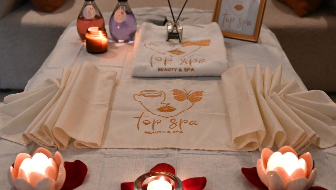 Elegant spa setup with candles at Top Spa Home Services توب سبا للنساء, Riyadh, Riyadh Province, SA.
