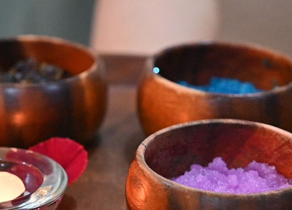 Colorful spa salts in wooden bowls at Top Spa Home Services توب سبا للنساء, Riyadh, Riyadh Province, SA.