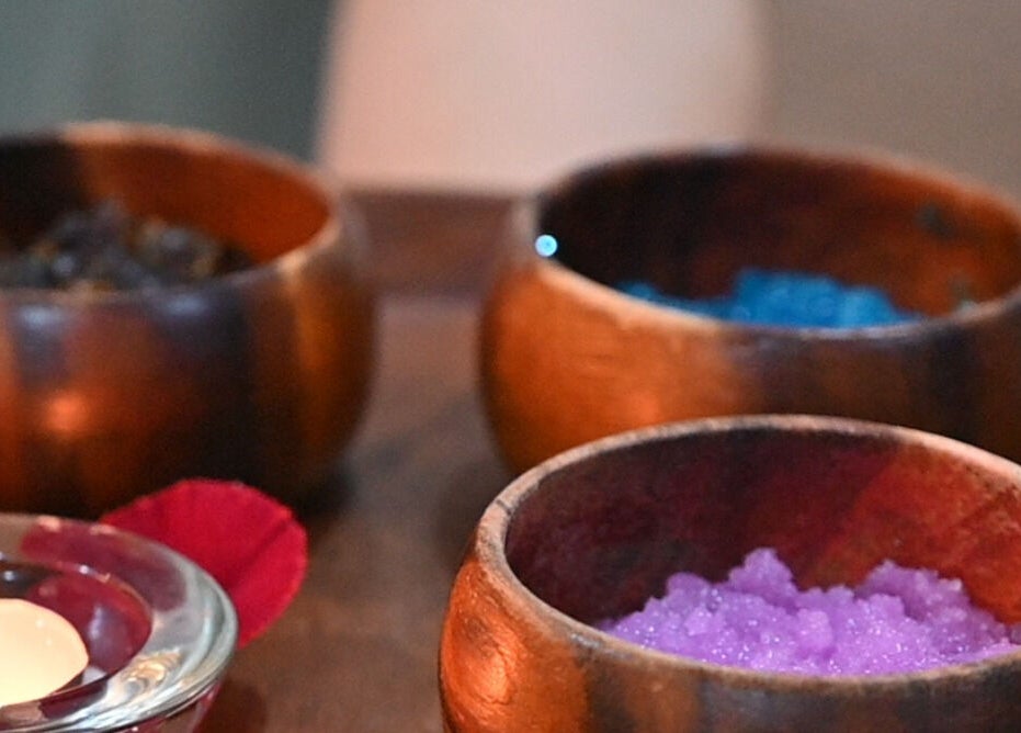 Colorful spa salts in wooden bowls at Top Spa Home Services توب سبا للنساء, Riyadh, Riyadh Province, SA.