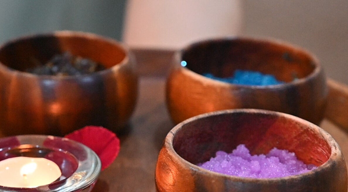 Colorful spa salts in wooden bowls at Top Spa Home Services توب سبا للنساء, Riyadh, Riyadh Province, SA.