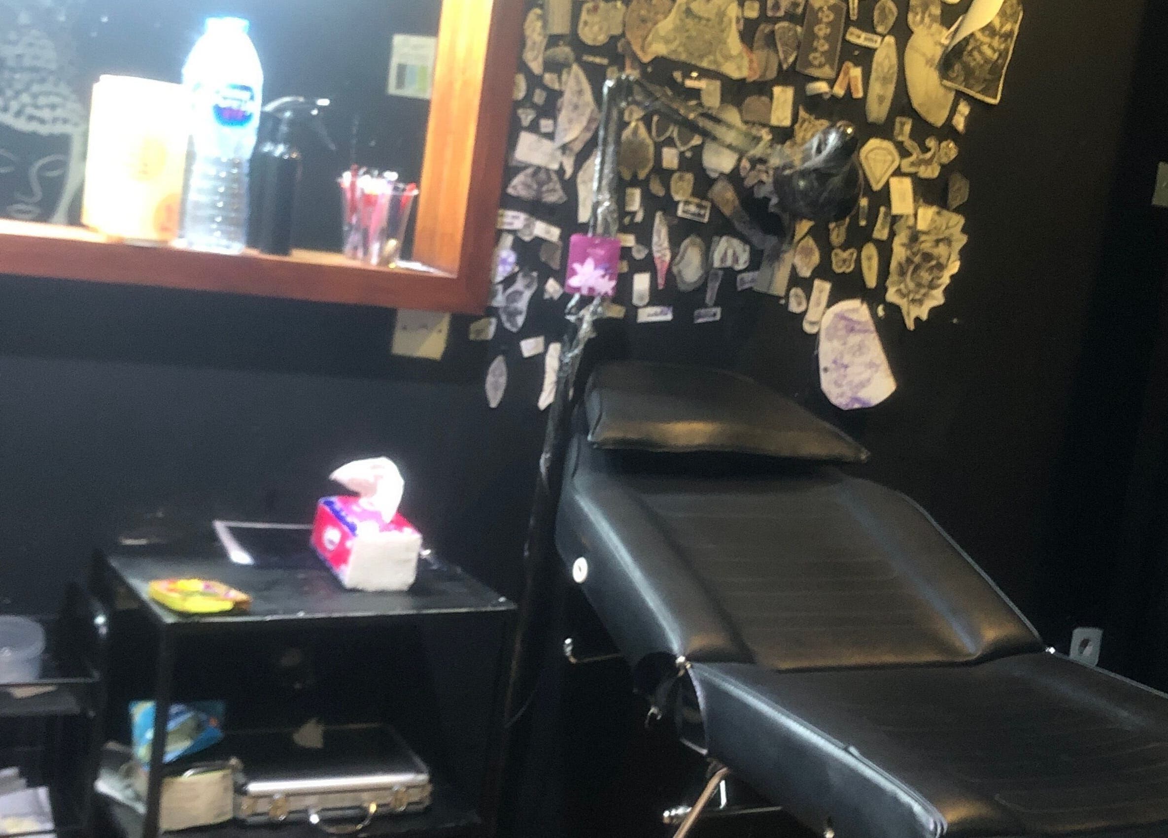 Tattoo chair in Uncle Jhon’s Barber, Tattoo, Piercing, Lashes, Bali, Bali, ID.