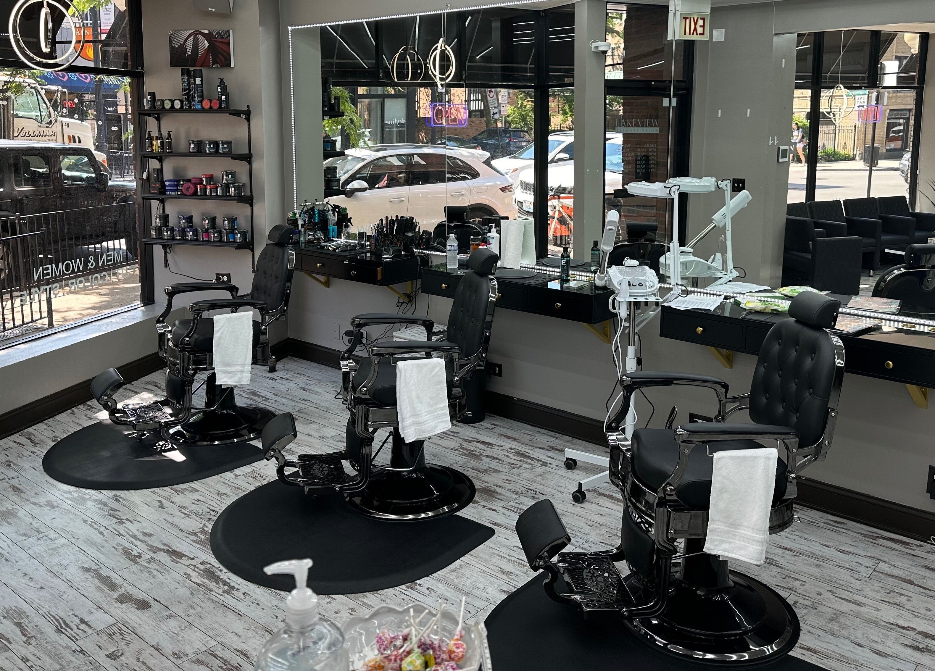 Sophisticated interior of Lakeview Elegant Salon in Chicago, Illinois, US with modern styling chairs and decor.