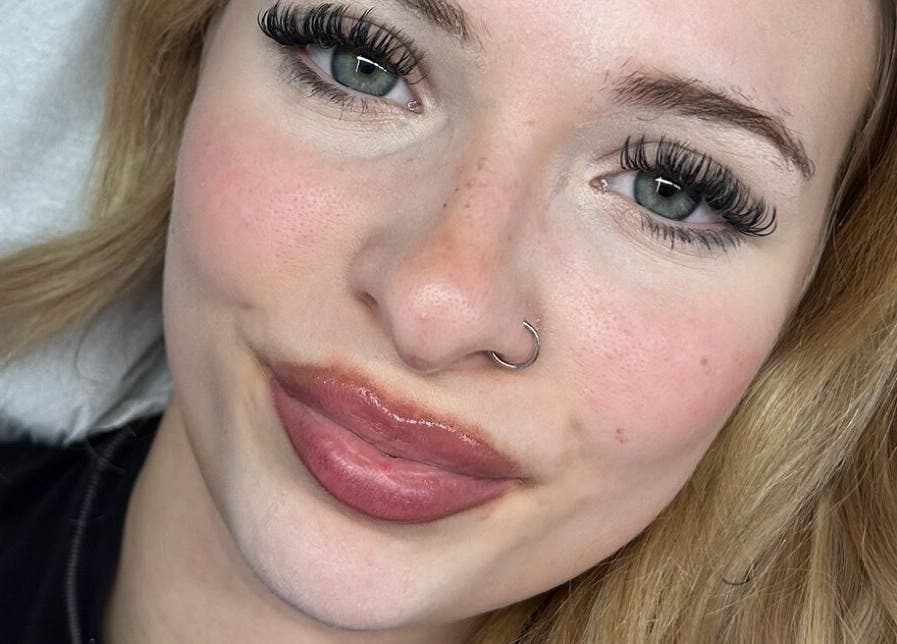 Close-up of a client showcasing lash extensions from Locks and Lashes in Cambridge, England, GB.