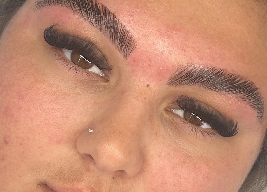 Close-up of expertly styled lashes and brows at Locks and Lashes, Cambridge, England, GB.