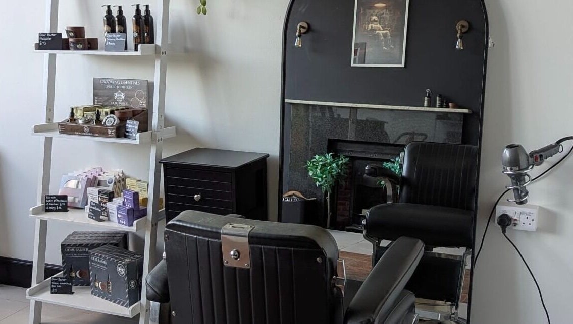Stylish barber chair and grooming products at Giuseppe’s of Bath, Bath, England, GB.