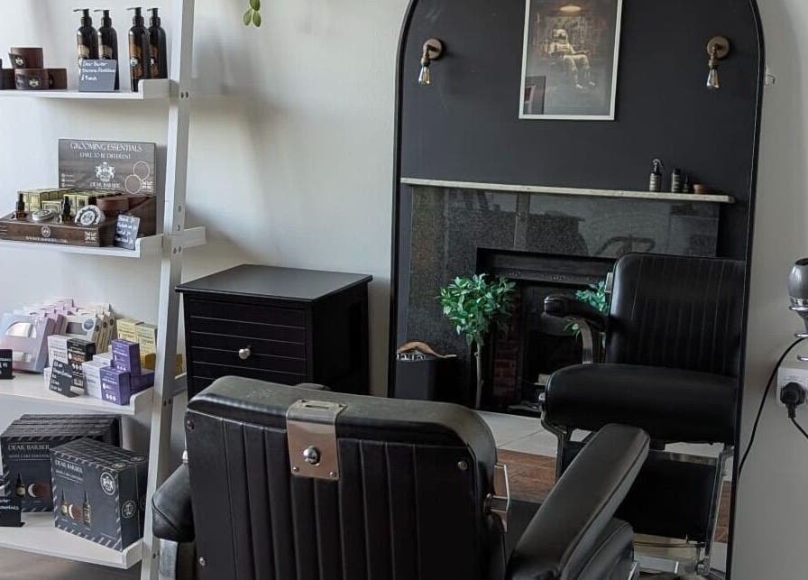 Stylish barber chair and grooming products at Giuseppe’s of Bath, Bath, England, GB.