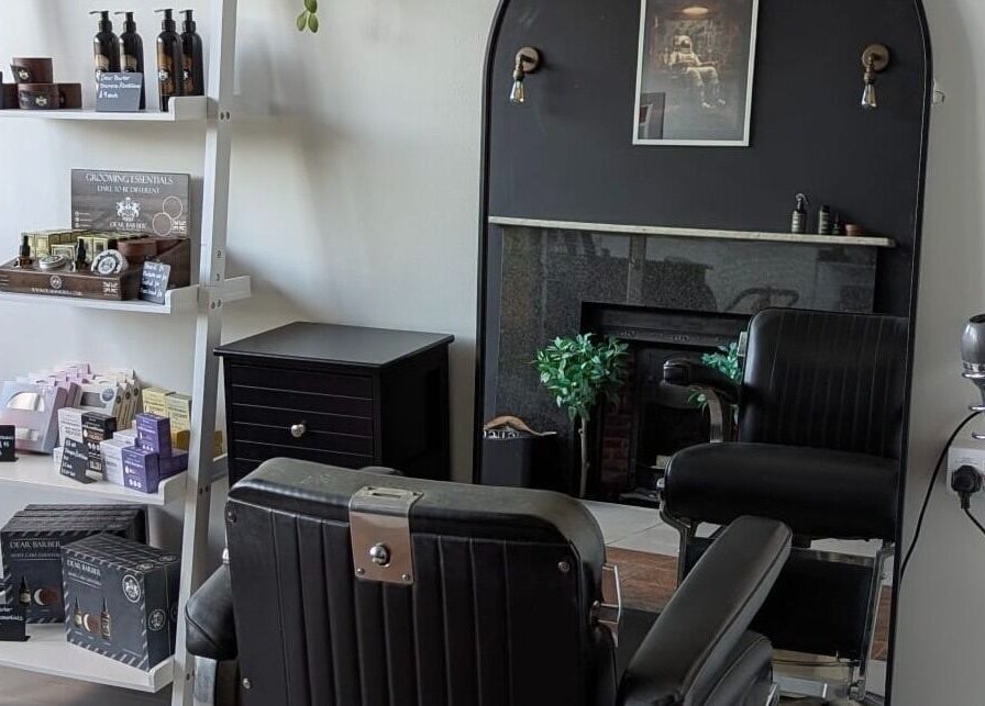 Stylish barber chair and grooming products at Giuseppe’s of Bath, Bath, England, GB.