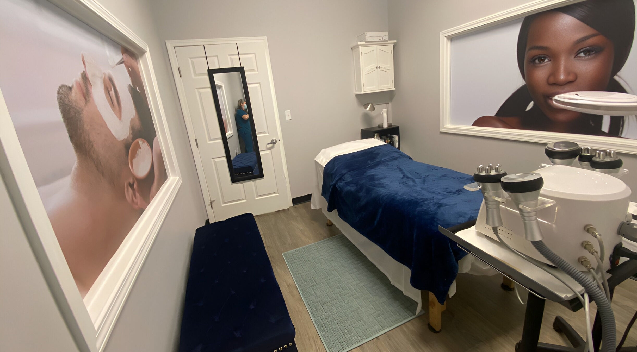 Tranquil beauty treatment room at Gorgeous Ever Center, Roswell, Georgia, US, featuring soothing decor.