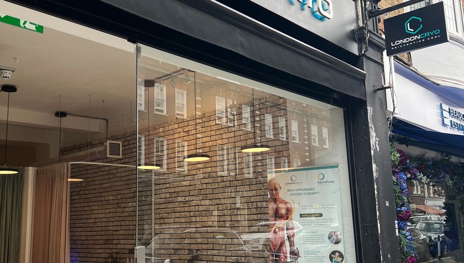 Exterior of LondonCryo St Johns Wood in London, England, showcasing modern design and wellness signage.