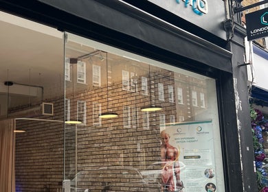Exterior of LondonCryo St Johns Wood in London, England, showcasing modern design and wellness signage.