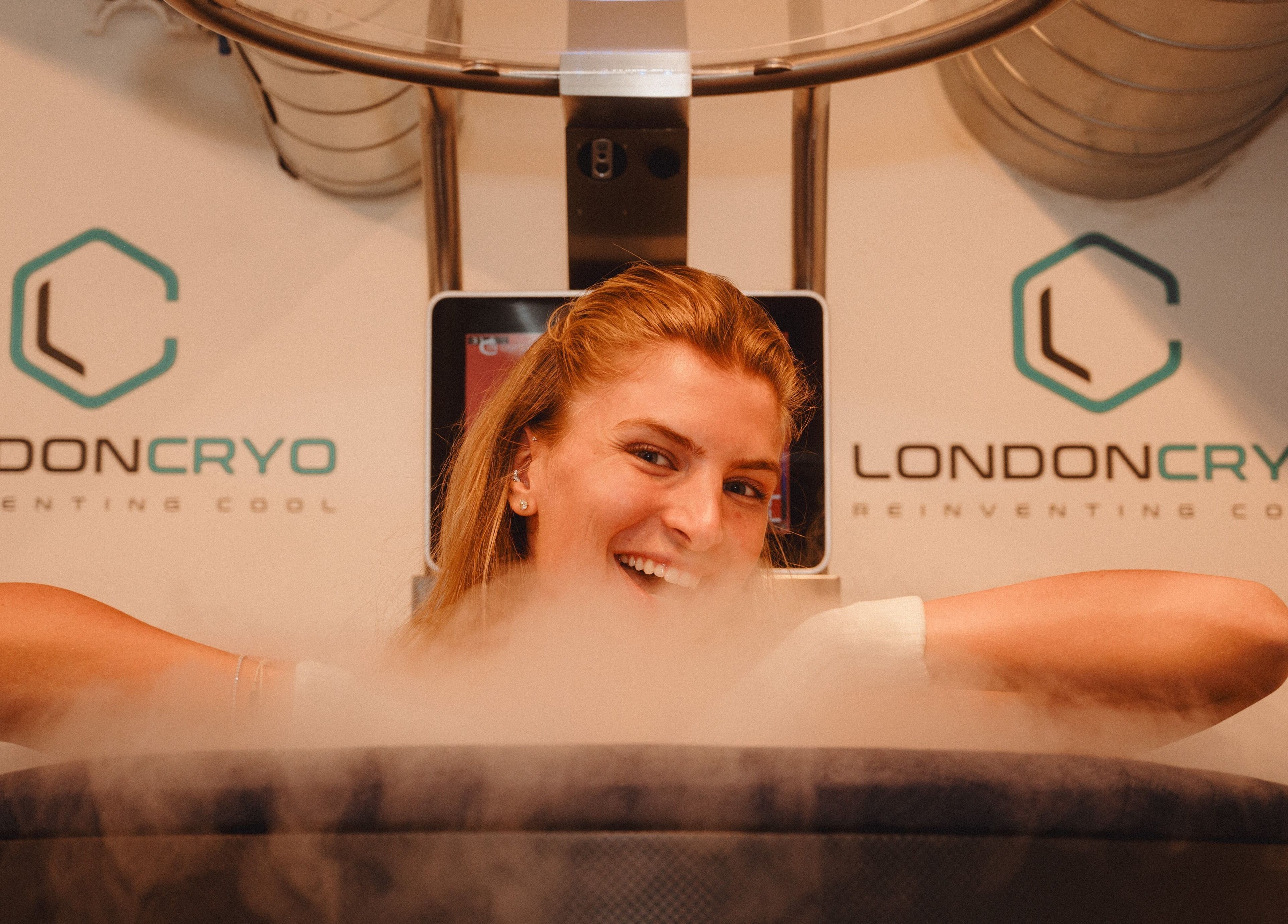 Woman enjoying cryotherapy at LondonCryo Belgravia, London, England, GB.