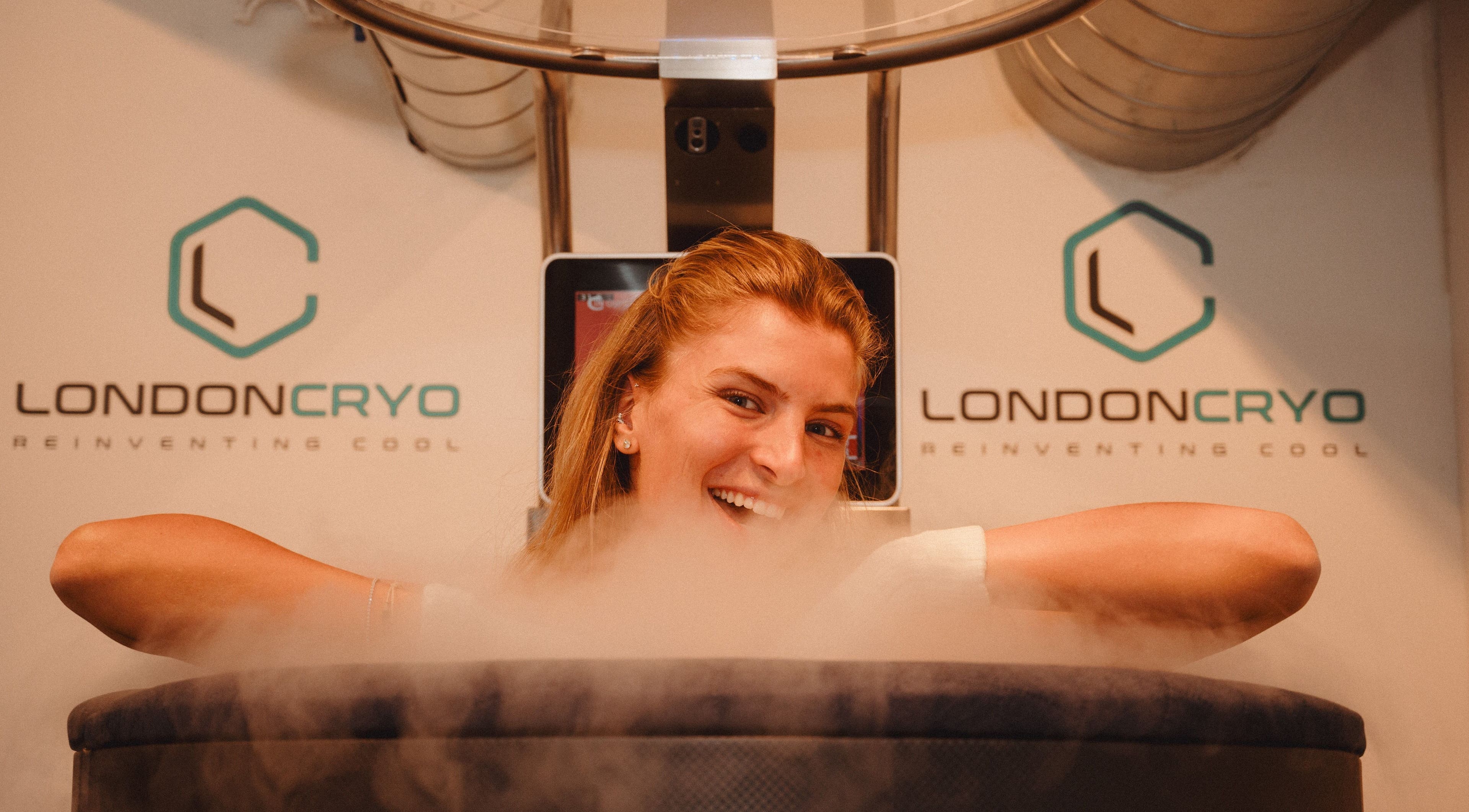 Woman enjoying cryotherapy at LondonCryo Belgravia, London, England, GB.