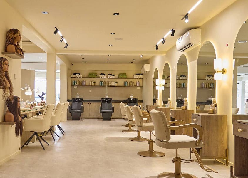 CBK Beauty Flagship Salon, Accra, offers a luxurious interior with styling stations and premium decor.