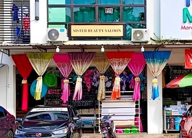 Front view of Sister Beauty Saloon in Mukah, Sarawak, MY showcasing vibrant decor and welcoming entrance.