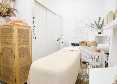 Serene treatment room at Parlour Box, North Bondi, New South Wales, AU with calming decor and spa bed.