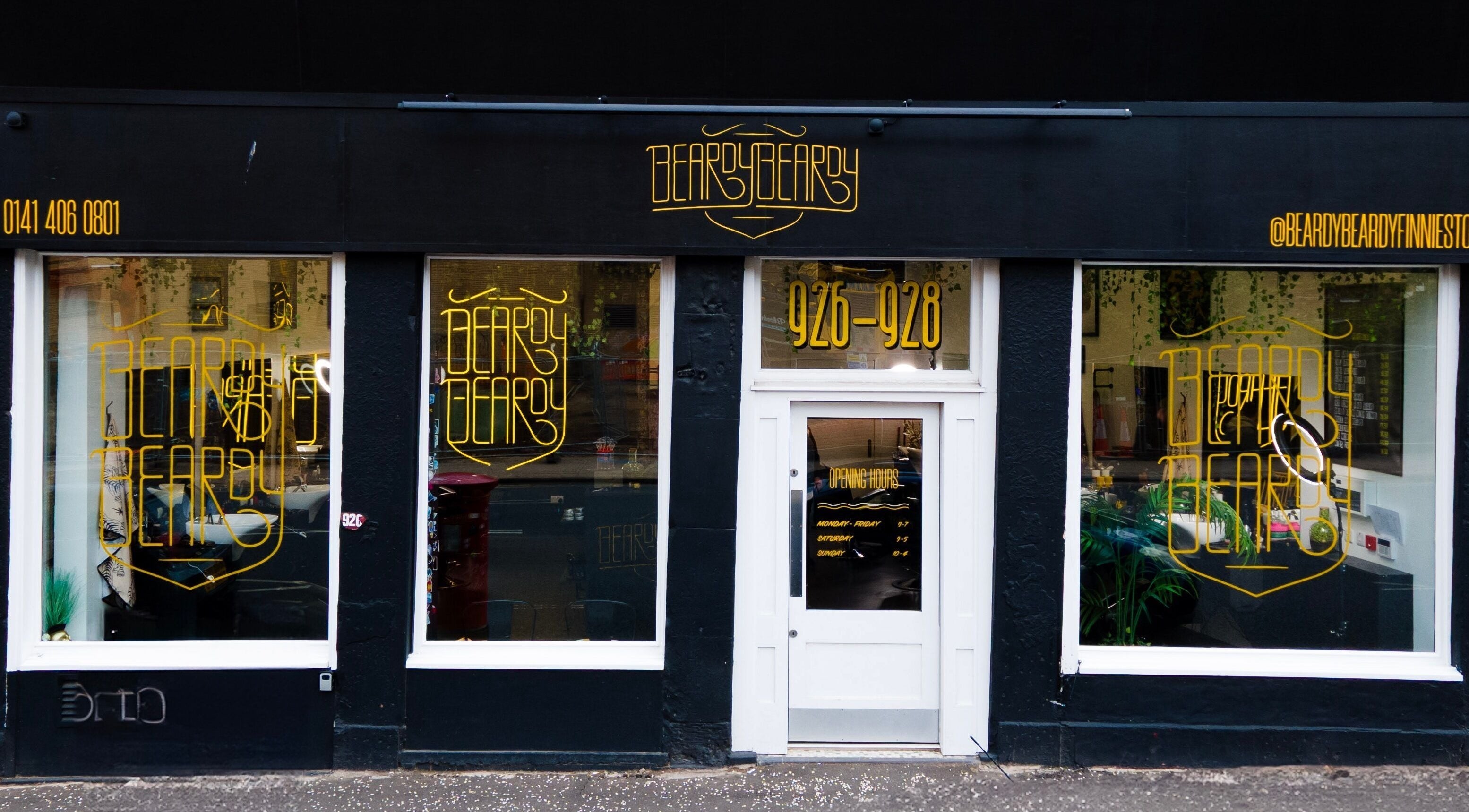 BeardyBeardyFinnieston storefront in Glasgow, Scotland, GB showcasing stylish design and branding.