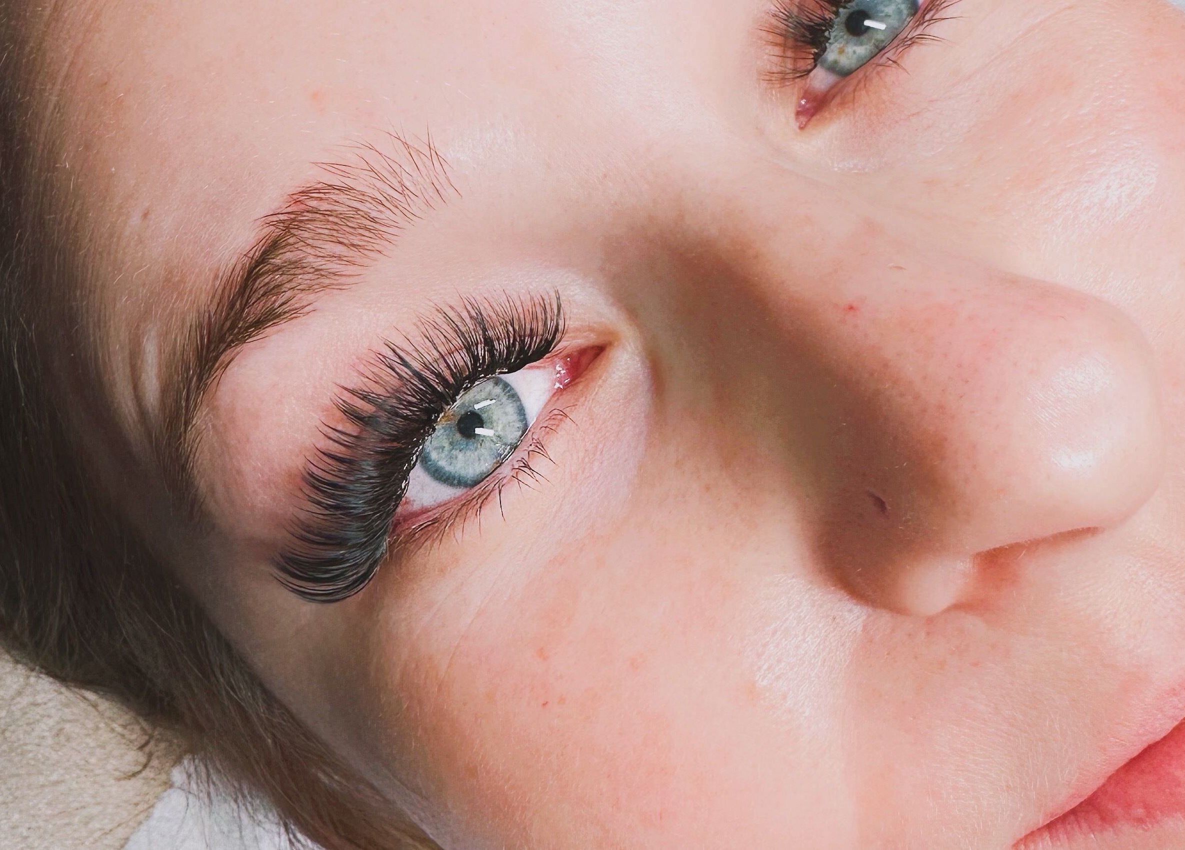 Close-up of elegant eyelash extensions at Lashes Studio, San Jose, California, US.