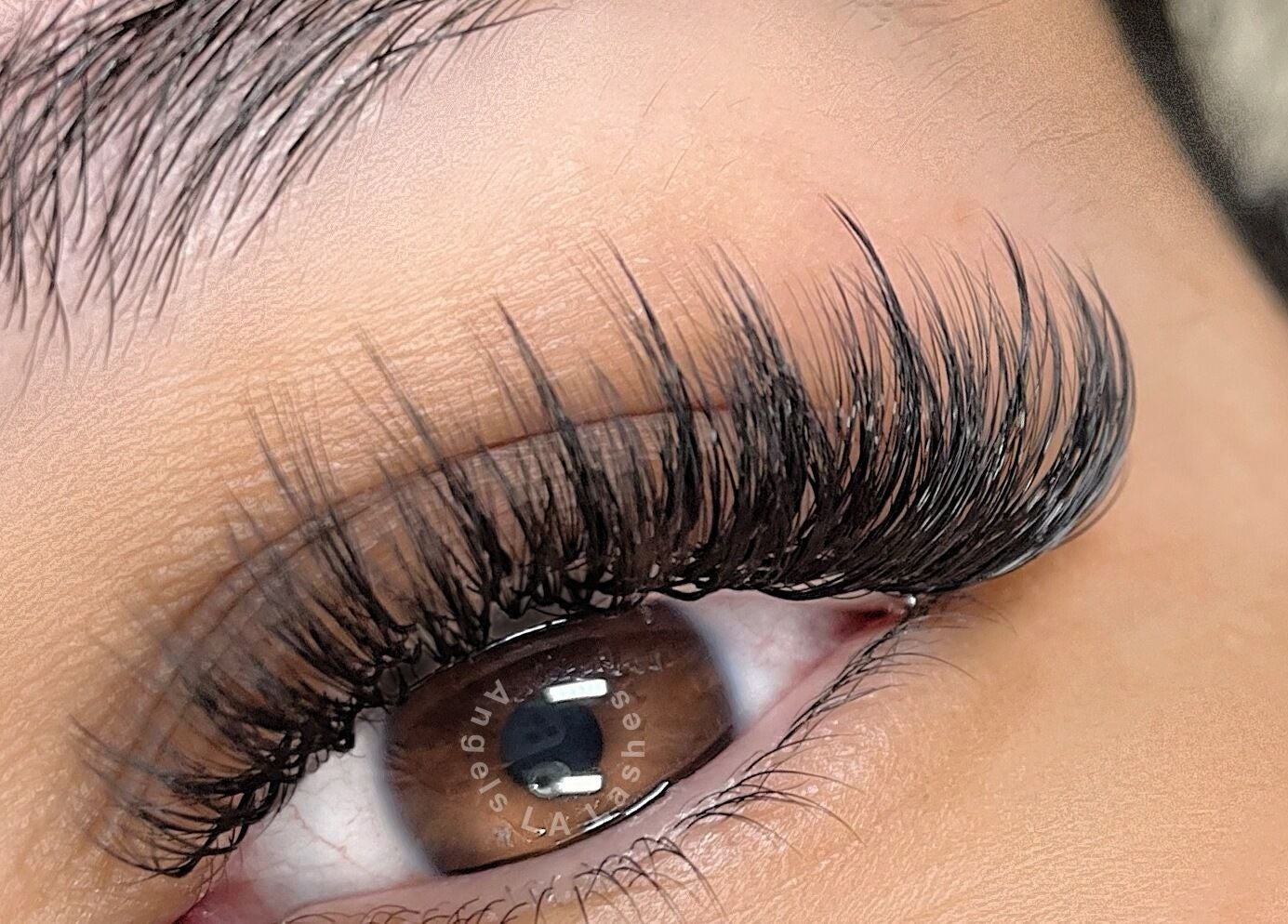 Close-up of beautifully applied eyelash extensions at Lashes Studio, San Jose, California, US.