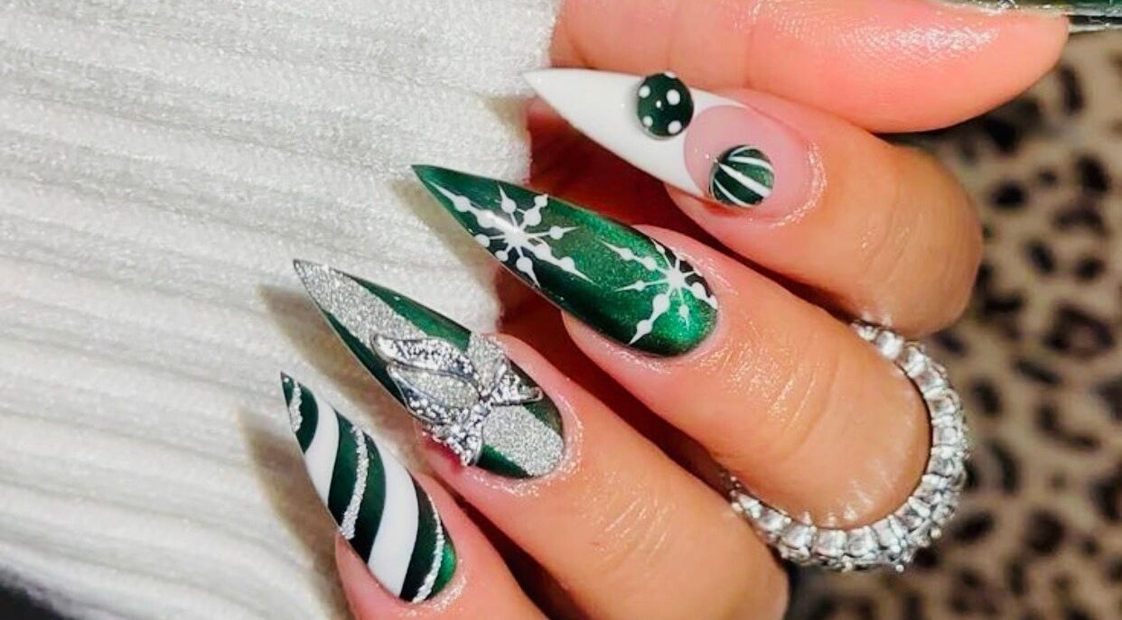 Intricate green and white nail art at AmericanNails Falkirk, located in Falkirk, Scotland, GB.