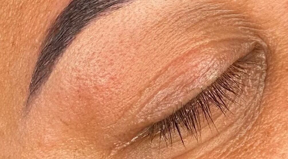 Close-up of beautifully shaped eyebrow at Thàvma Beauty, Mulgoa, New South Wales, AU.