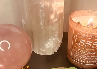 Candle, rose quartz, and crystal at The Reiki Room-Stanton Under Bardon, Markfield, England, GB.