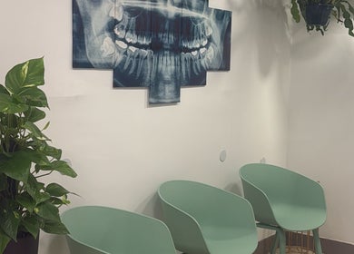 Esquina de espera en Smile Wellness, Barcelona, con sillas verdes y plantas decorativas.