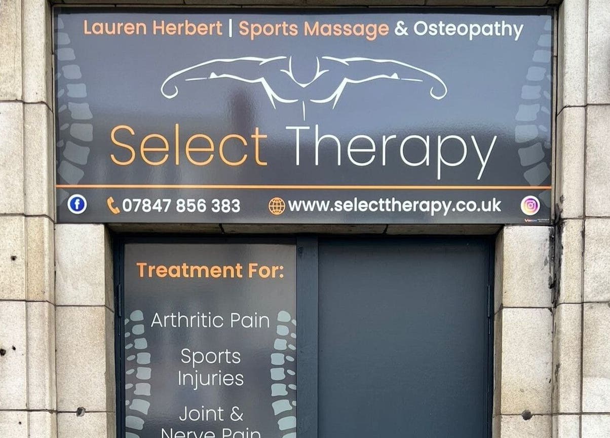 Entrance sign for Select Therapy, Alexandra Road in Gorseinon, Wales, GB, offering sports massage and osteopathy.
