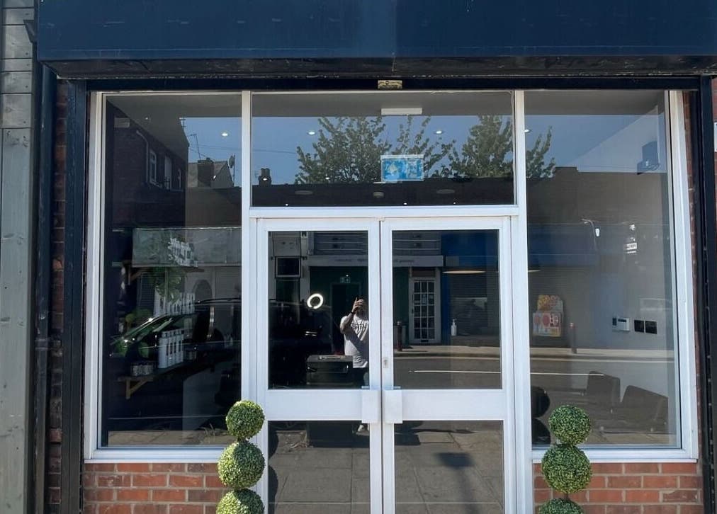 Front entrance of Anthony James Hairdressing in Middlesbrough, England, GB.